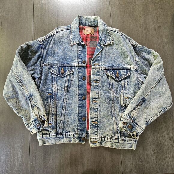 Vtg Levis 70417 9319 Blue Acid Wash Trucker Jacket Buffalo Plaid Lined Size M - Picture 1 of 14